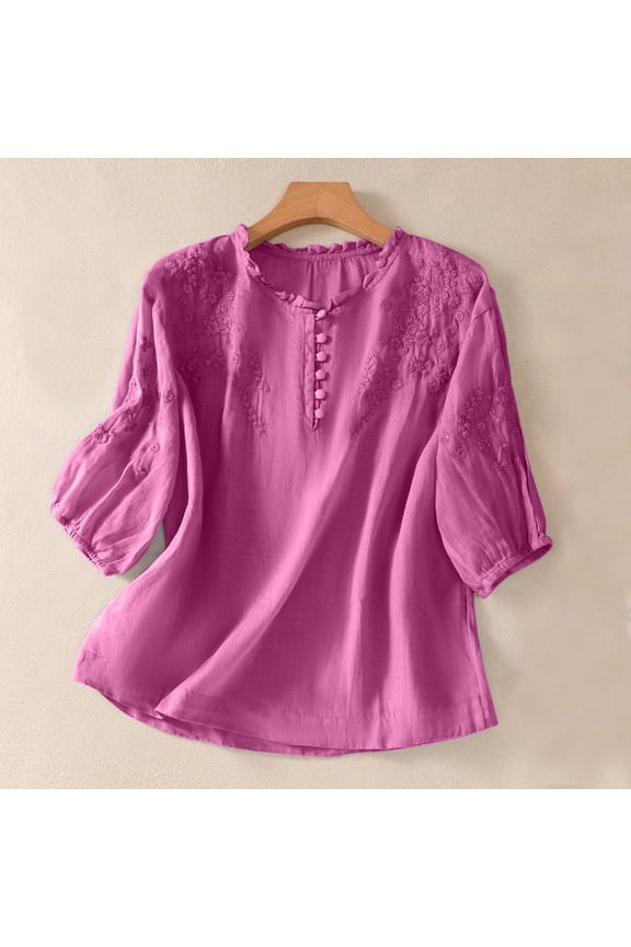 Womens Tops Trendy Solid Color Short Sleeve Summer Tops for Women Casual Round Neck Embroidered Peasant Blouses Comfortable Cotton Linen Shirts Women Blouses