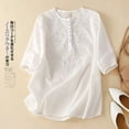 thumbnail image 1 of Busydd Womens Tops Trendy Traditional Embroidered Cotton Linen Shirts Short Sleeve Round Neck Summer Tops Comfy Solid Color Casual Tops, 1 of 7