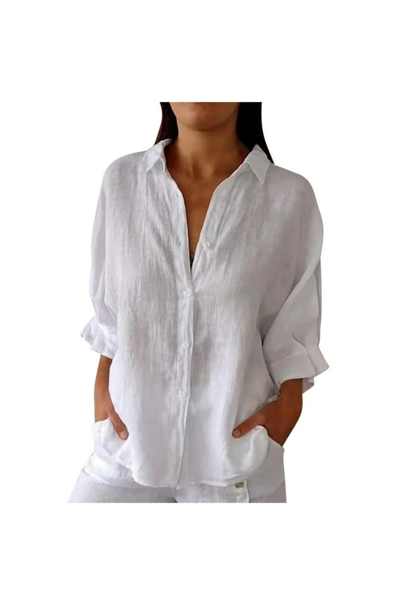 Womens Tops V Neck 3/4 Length Sleeve Cotton Linen Shirts Solid Color Lapel Dressy Blouses Fashion Loose Button Down T Shirts Summer Casual Bubble Sleeve Tie Back Tops,Plus Size S-5XL