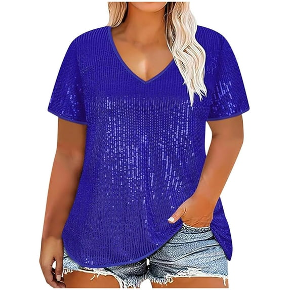 Busydd Womens Tops XL-5XL Trendy Short Sleeve Sequin Tops Dressy Casual V Neck T Shirts for Women Comfy Oversized Solid Color Blouses Plus Size Tee Tops