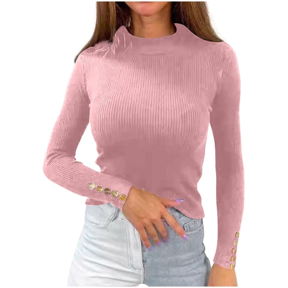 Busydd Womens Turtleneck Sweater Solid Color Cropped Sweaters for Women Tunic Knit Sweater for Women Casual Long Sleeve Fall Sweaters Round Neck Pullover Sweaters Tops