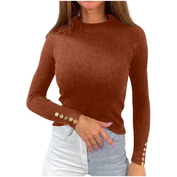 Busydd Womens Turtleneck Sweater Solid Color Cropped Sweaters for Women Tunic Knit Sweater for Women Casual Long Sleeve Fall Sweaters Round Neck Pullover Sweaters Tops