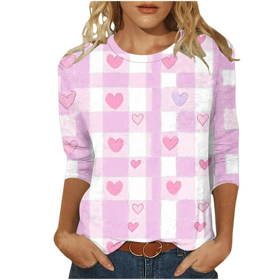 Busydd Womens Valentines Day Shirt Fashion Love Heart Graphic Valentines Shirts Casual 3/4 Sleeve Round Neck Tee Tops Valentines Day Gifts for Women