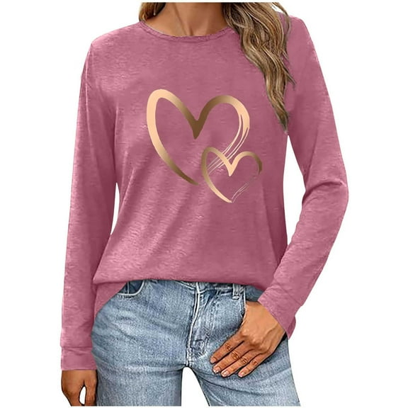 Busydd Womens Valentines Day Shirt Trendy Love Heart Graphic Valentines Shirts Casual Comfy Long Sleeve Round Neck Tee Tops Valentines Day Gifts for Women