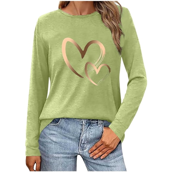 Busydd Womens Valentines Day Shirt Trendy Love Heart Graphic Valentines Shirts Casual Comfy Long Sleeve Round Neck Tee Tops Valentines Day Gifts for Women