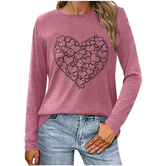 Busydd Womens Valentines Day Shirt Trendy Love Heart Graphic Valentines Shirts Casual Comfy Long Sleeve Round Neck Tee Tops Valentines Day Gifts for Women