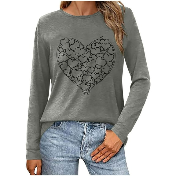 Busydd Womens Valentines Day Shirt Trendy Love Heart Graphic Valentines Shirts Casual Comfy Long Sleeve Round Neck Tee Tops Valentines Day Gifts for Women