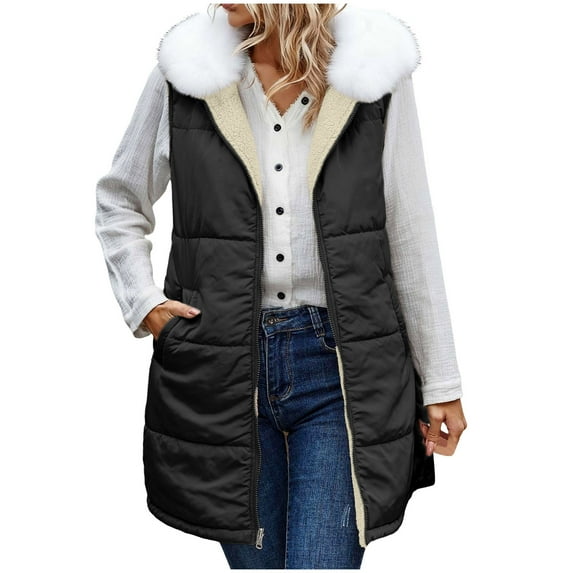 Busydd Womens Vest Fashion Solid Color Sleeveless Puffer Vest Comfy Warm Hooded Long Women's Outerwear Vests Plus Size Vest for Women with Pockets and Detachable Hat Collar L