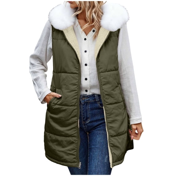Busydd Womens Vest Fashion Solid Color Sleeveless Puffer Vest Comfy Warm Hooded Long Women's Outerwear Vests Plus Size Vest for Women with Pockets and Detachable Hat Collar 5XL
