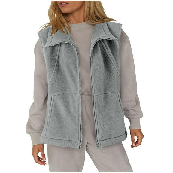 Busydd Womens Vest Solid Color Sleeveless Zip Fleece Vest Casual Lapel Warm Winter Vest for Women with Pockets L