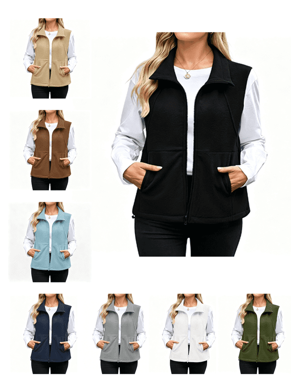 Womens Vest Solid Color Sleeveless Zip Fleece Vest Casual Lapel Warm Winter Vest for Women with Pockets XL