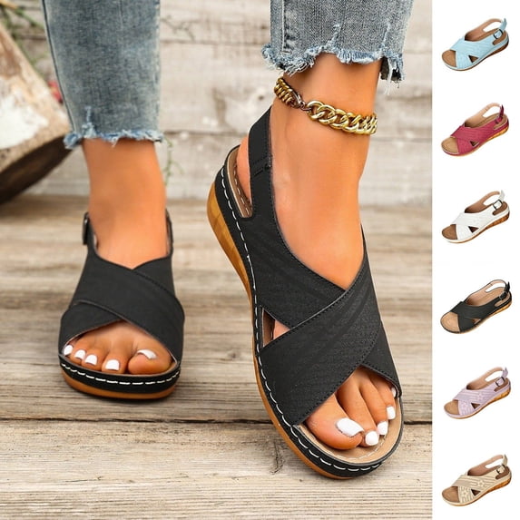 Busydd Womens Wedge Sandals Comfortable Criss Cross Strap Ladies Sandals Casual Summer Solid Color Women's Sandals 36