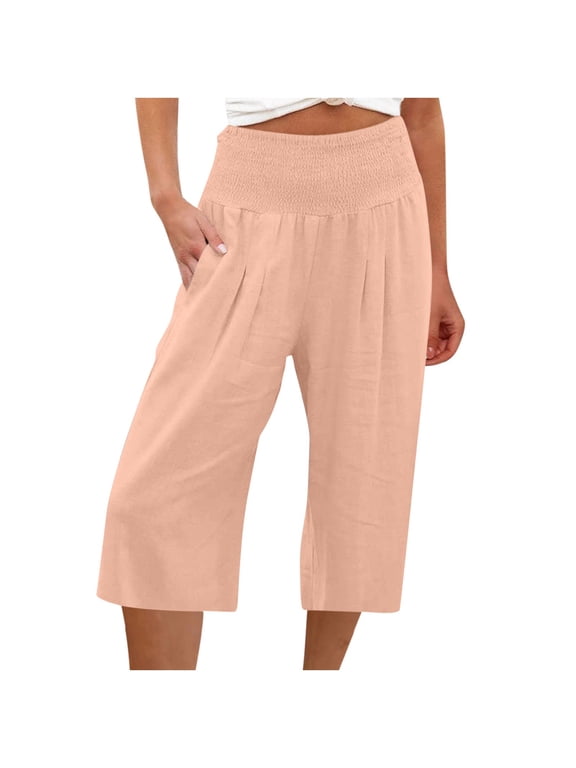 Womens Wide Leg Pants,Loose Elastic Waist Yoga Sweatpants,High Waist Solid Color Lounge Pants,Casual Stylish Below Knee Length Trousers,Comfy Lightweight Work Office Dress Pants with Pockets