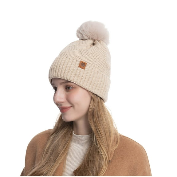 Busydd Womens Winter Hats Warm Soft Stretchy Pompom Skull Caps Solid Color Ribbed Wool Hats Slouchy Cable Knit Beanie