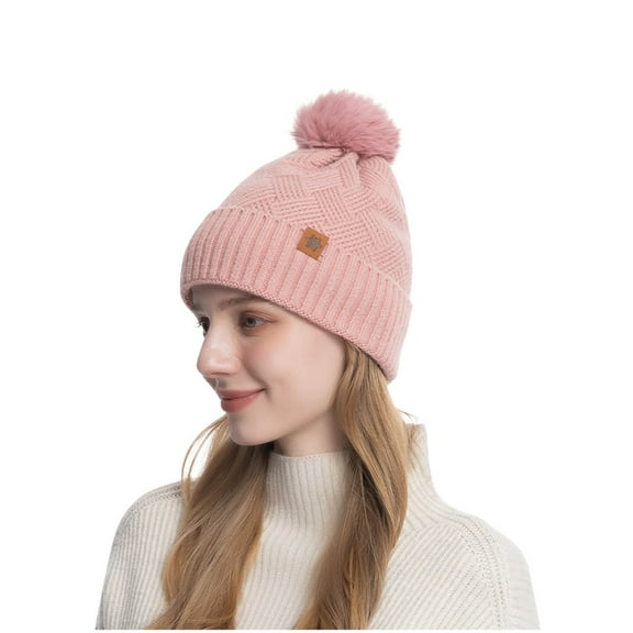 Busydd Womens Winter Hats Warm Soft Stretchy Pompom Skull Caps Solid Color Ribbed Wool Hats Slouchy Cable Knit Beanie