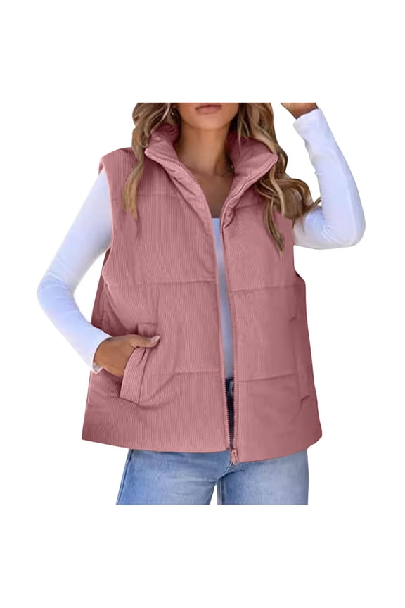 Womens Winter Vest Solid Color Warm Cotton Vest Zip Up Crop Gilet Casual Sleeveless Outerwear Jackets with Pockets