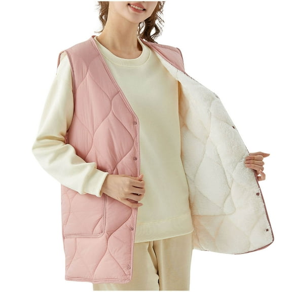 Busydd Womens Winter Vest Solid Color Warm Fleece Vest Button Sleeveless Puffer Gilet Casual Lightweight Puffy Jackets Plus Size Outerwear with Pockets M-5XL