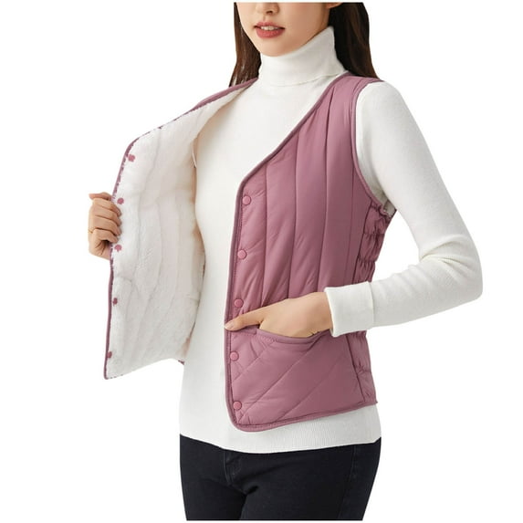 Busydd Womens Winter Vest Solid Color Warm Fleece Vest Button Sleeveless Puffer Jacket Casual Lightweight Puffy Vest Plus Size Outerwear with Pockets S-5XL