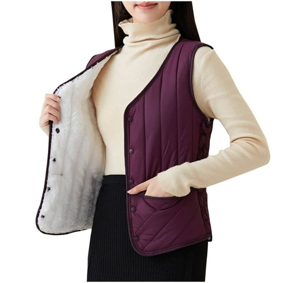 Busydd Womens Winter Vest Solid Color Warm Fleece Vest Button Sleeveless Puffer Jacket Casual Lightweight Puffy Vest Plus Size Outerwear with Pockets S-5XL