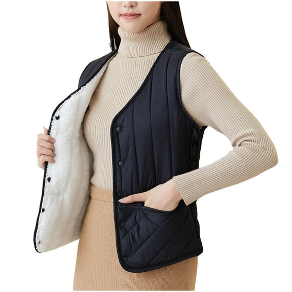 Busydd Womens Winter Vest Solid Color Warm Fleece Vest Button Sleeveless Puffer Jacket Casual Lightweight Puffy Vest Plus Size Outerwear with Pockets S-5XL
