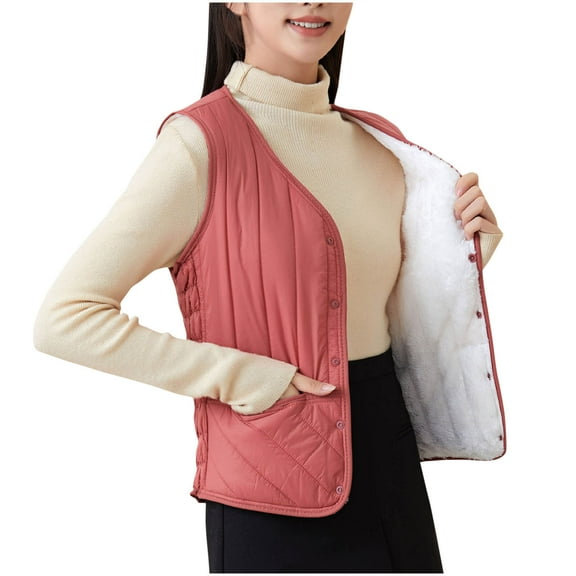 Busydd Womens Winter Vest Solid Color Warm Fleece Vest Button Sleeveless Puffer Jacket Casual Lightweight Puffy Vest Plus Size Outerwear with Pockets S-5XL
