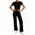 thumbnail image 1 of Busydd Workout Sets for Women Round Neck Short Sleeve Crop Tops and Straight Leg Pants Casual Athlete Solid Color Womens Two Piece Sets XL, 1 of 7