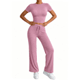 thumbnail image 1 of Busydd Workout Sets for Women Round Neck Short Sleeve Crop Tops and Straight Leg Pants Casual Athlete Solid Color Womens Two Piece Sets XS, 1 of 7