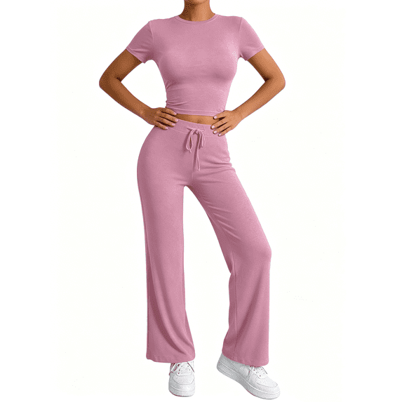 Busydd Workout Sets for Women Round Neck Short Sleeve Crop Tops and Straight Leg Pants Casual Athlete Solid Color Womens Two Piece Sets XS