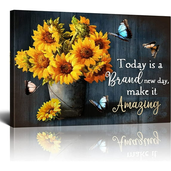 Busyhead Inspirational Quotes Sunflower Butterfly Wall Art 12" x 16" Paintings Framed Canvas Print