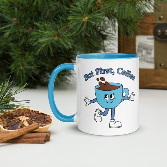 But FirS1offee, Coffee Lover Gift Mug, Cute Gift Mug, Gif Under 30, Free S1Hipping, Blue Mug with Color Inside