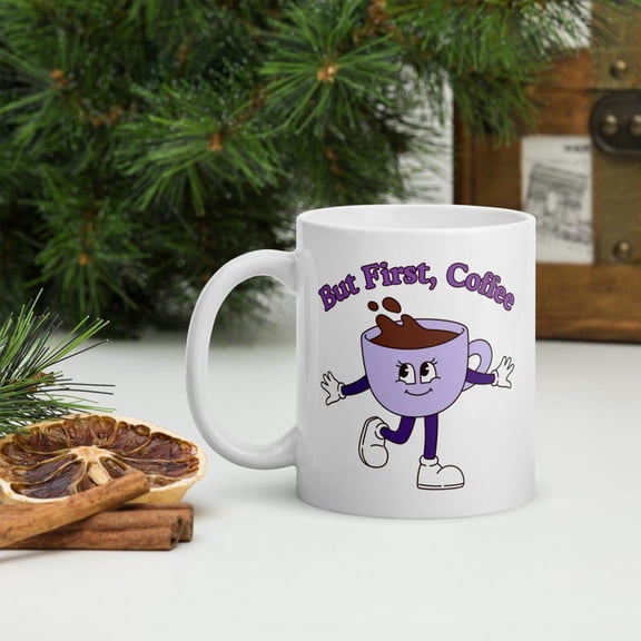 But FirS1offee, Coffee Lover Gift Mug, Cute Gift Mug, Gif Under 30, Free S1Hipping, Purple and White Ceramic Mug