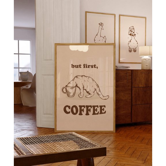 But First Coffee Cat Wall Art Print, Retro Kitchen Decor