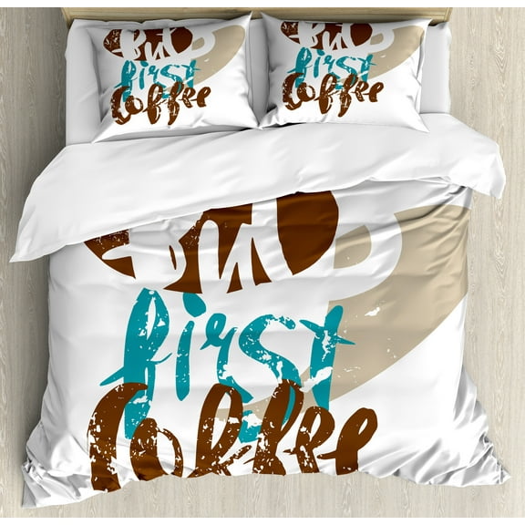 But First Coffee Duvet Cover Set, Print of Sketchy Calligraphic Art Blots and Paint Strokes, Decorative 3 Piece Bedding Set with 2 Pillow Shams, Calking Size, Brown Dusk Teal, by Ambesonne