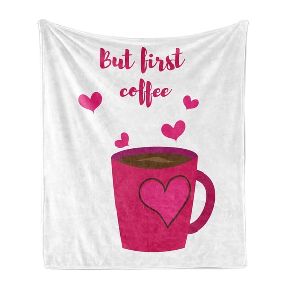 But First Coffee Soft Flannel Fleece Throw Blanket, Calligraphic Concept with Hand Drawn Text and Hearts, Cozy Plush for Indoor and Outdoor Use, 50" x 70", Hot Pink Dark Cocoa, by Ambesonne