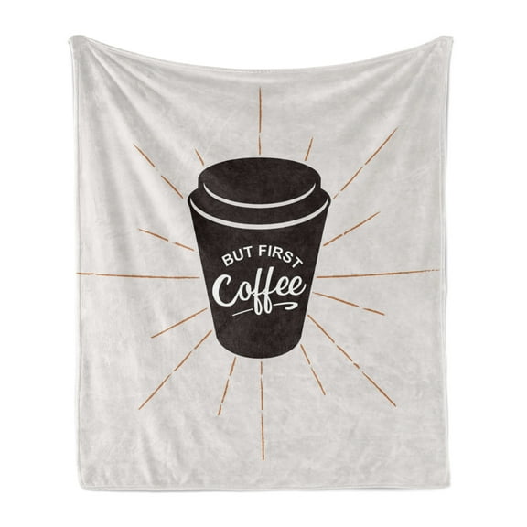 But First Coffee Soft Flannel Fleece Throw Blanket, Simplistic Coffee Cup with a Text on it Retro Mug Design, Cozy Plush for Indoor and Outdoor Use, 60" x 80", Dark Brown Cinnamon, by Ambesonne
