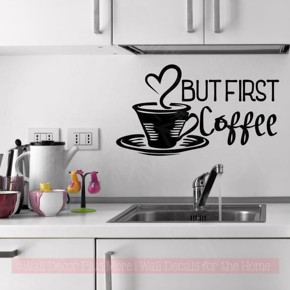 But First Coffee Wall Quote Kitchen Decor Vinyl Art Decal Stickers Heart Mug 23x13-Inch Black