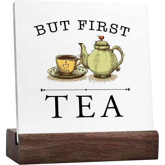 But First Tea Sign Desk Decor,Funny Teapot And Teacup Ceramic Desk Sign Desk Decorations For Home Kitchen Office Tea Room Desk Shelf Table Decor