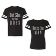thumbnail image 1 of But She is The Boss He is The Man Unisex Couple Matching Cotton Jersey style T-Shirt Contrasting stripes on sleeves (Men Black / Women Black) (Men S / Women S), 1 of 3