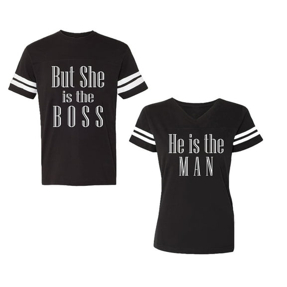 But She is The Boss He is The Man Unisex Couple Matching Cotton Jersey style T-Shirt Contrasting stripes on sleeves (Men Black / Women Black) (Men S / Women S)
