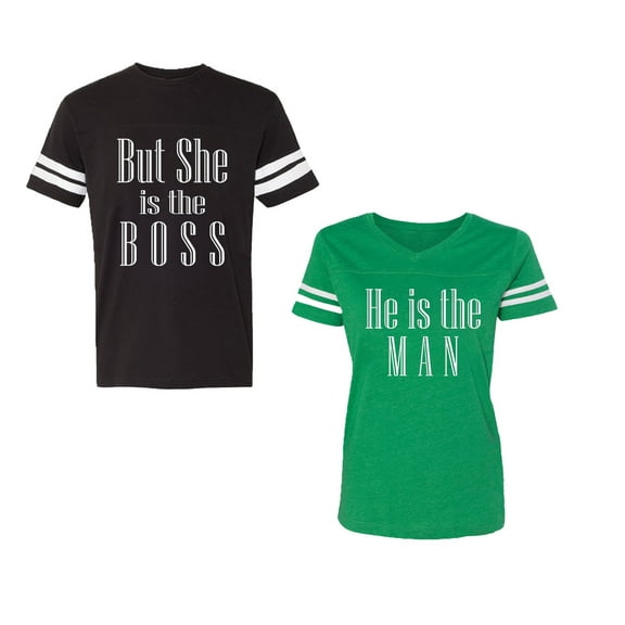 But She is The Boss He is The Man Unisex Couple Matching Cotton Jersey style T-Shirt Contrasting stripes on sleeves (Men Black / Women Green) (Men M / Women L)