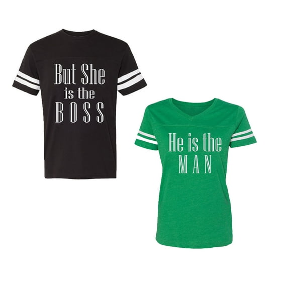 But She is The Boss He is The Man Unisex Couple Matching Cotton Jersey style T-Shirt Contrasting stripes on sleeves (Men Black / Women Green) (Men S / Women L)