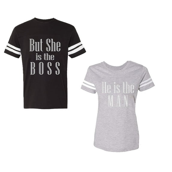 But She is The Boss He is The Man Unisex Couple Matching Cotton Jersey style T-Shirt Contrasting stripes on sleeves (Men Black / Women Heather) (Men M / Women XL)