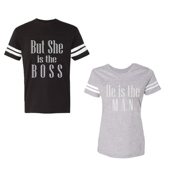 But She is The Boss He is The Man Unisex Couple Matching Cotton Jersey style T-Shirt Contrasting stripes on sleeves (Men Black / Women Heather) (Men S / Women XXL)
