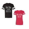 thumbnail image 1 of But She is The Boss He is The Man Unisex Couple Matching Cotton Jersey style T-Shirt Contrasting stripes on sleeves (Men Black / Women Red) (Men S / Women M), 1 of 3