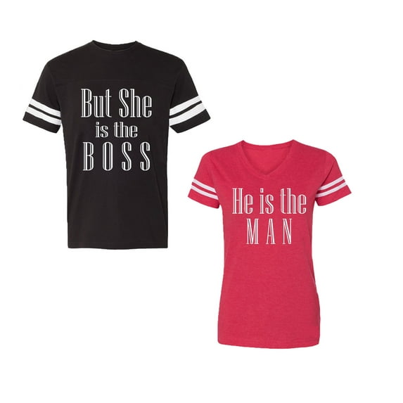 But She is The Boss He is The Man Unisex Couple Matching Cotton Jersey style T-Shirt Contrasting stripes on sleeves (Men Black / Women Red) (Men XXL / Women XXL)