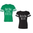 thumbnail image 1 of But She is The Boss He is The Man Unisex Couple Matching Cotton Jersey style T-Shirt Contrasting stripes on sleeves (Men Green / Women Black) (Men S / Women XXL), 1 of 3