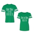 thumbnail image 1 of But She is The Boss He is The Man Unisex Couple Matching Cotton Jersey style T-Shirt Contrasting stripes on sleeves (Men Green / Women Green) (Men XXL / Women M), 1 of 3