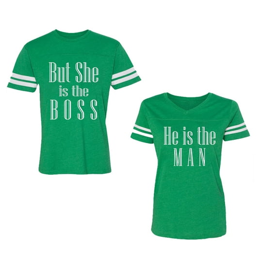 But She is The Boss He is The Man Unisex Couple Matching Cotton Jersey style T-Shirt Contrasting stripes on sleeves (Men Green / Women Green) (Men XXXL / Women XXL)