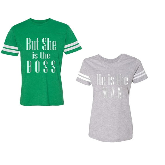 But She is The Boss He is The Man Unisex Couple Matching Cotton Jersey style T-Shirt Contrasting stripes on sleeves (Men Green / Women Heather) (Men S / Women XL)