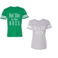 thumbnail image 1 of But She is The Boss He is The Man Unisex Couple Matching Cotton Jersey style T-Shirt Contrasting stripes on sleeves (Men Green / Women Heather) (Men XXXL / Women XXL), 1 of 3